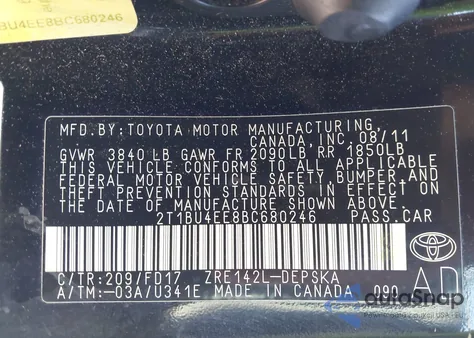 2011 Toyota Corolla S из США, поврежденный, VIN 2T1BU4EE8BC680246